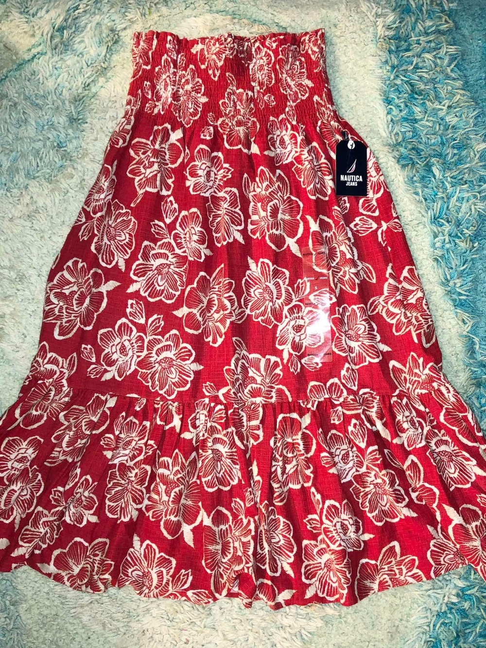 Nautica Jeans Red Floral Ruffle Midi Skirt High Rise Elastic Waist Cotton S